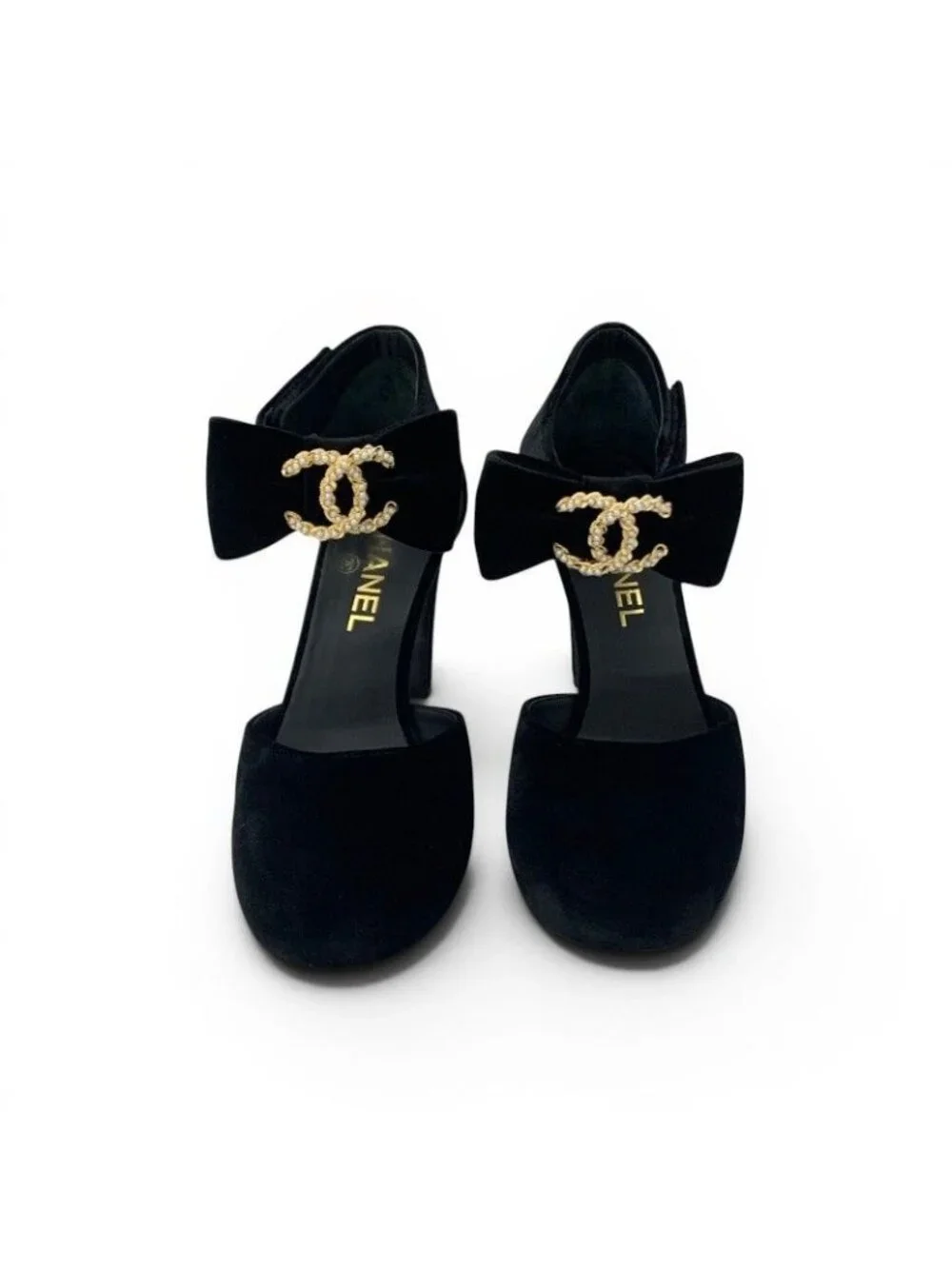 Chanel Pumps Shoes Velour Black Gold CC Logo Ribbon Pearl Velcro Strap